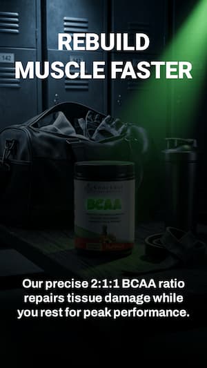 BCAA supplement container with gym locker background and promotional text about muscle repair and performance.