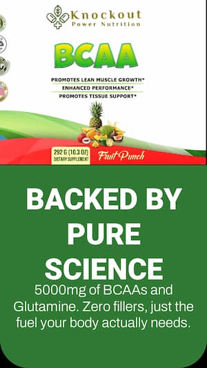 Knockout Power Nutrition BCAA supplement packaging with green background and text.