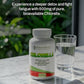 Knockout Chlorella supplement bottle on a marble surface with a glass of water and text about optimizing cellular health.