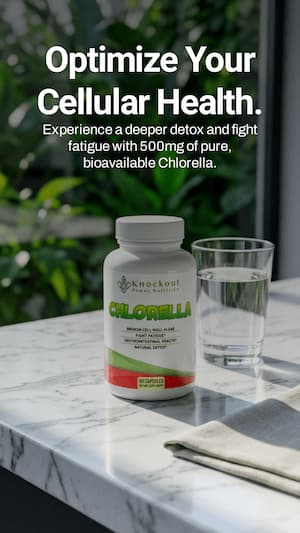 Knockout Chlorella supplement bottle on a marble surface with a glass of water and text about optimizing cellular health.