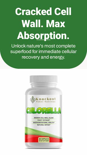 Knockout Power Nutritions Chlorella supplement bottle with green label on a white background