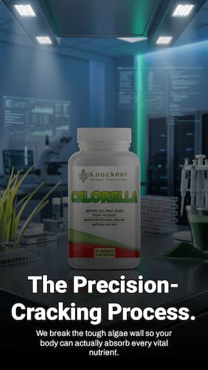 knockout power nutrition supplement placed on a desk with a glass of water