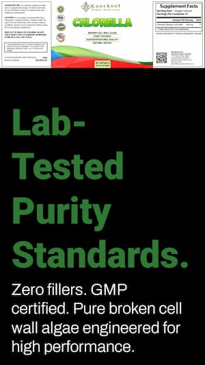 knockout Power Nutrition lab-tested purity standard green text on black background