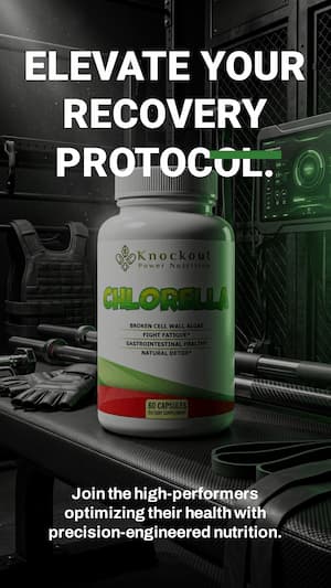 Knockout Chlorella supplement bottle with gym equipment in the background
