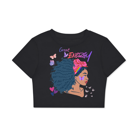 Black crop top with a colorful graphic of a woman with blue hair and 'Great Energy' text on a white background