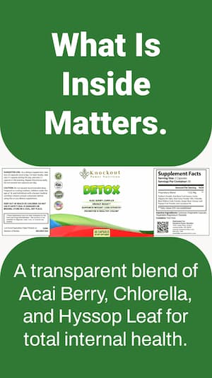 Product packaging with text about Acai Berry, Chlorella, and Hyssop Leaf supplement on a green background.