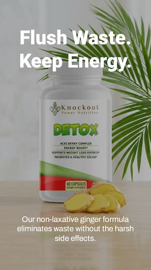 Knockout Detox supplement bottle with text on a light background