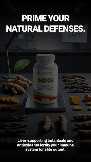 Supplement bottle labeled 'Detox' on a table with herbs and vegetables, text about immune system support.