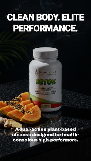 Detox supplement bottle with papaya slices on a dark background, promoting 'Clean Body. Elite Performance.'