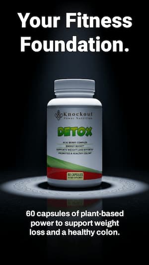 Knockout Detox supplement bottle on a black background with promotional text.
