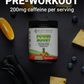 Power Boost Fruit Punch pre-workout with fruit, showing 200mg caffeine and one rounded scoop of 7.25g per serving.