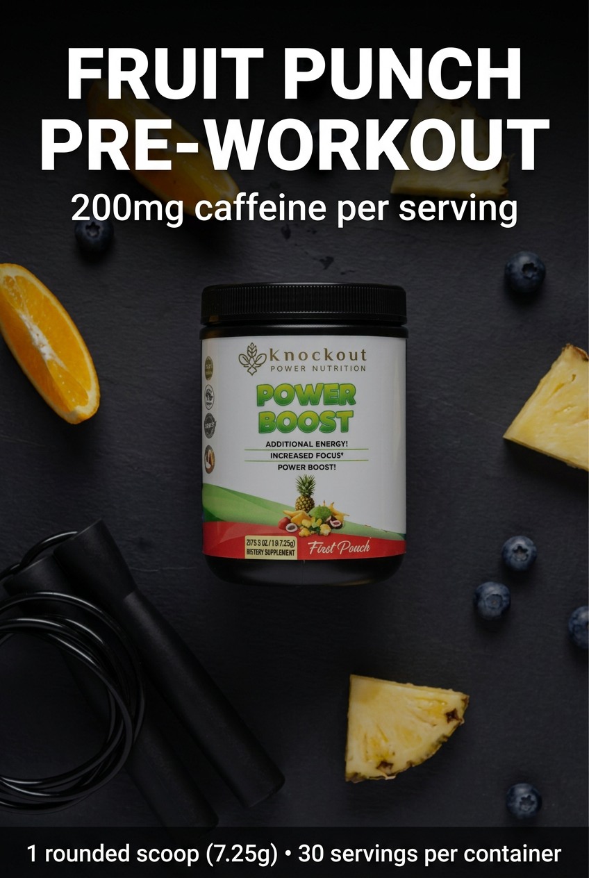 Power Boost Fruit Punch pre-workout with fruit, showing 200mg caffeine and one rounded scoop of 7.25g per serving.
