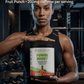Athlete holding Power Boost Fruit Punch pre-workout, with 200mg caffeine per serving and 30 servings per container.