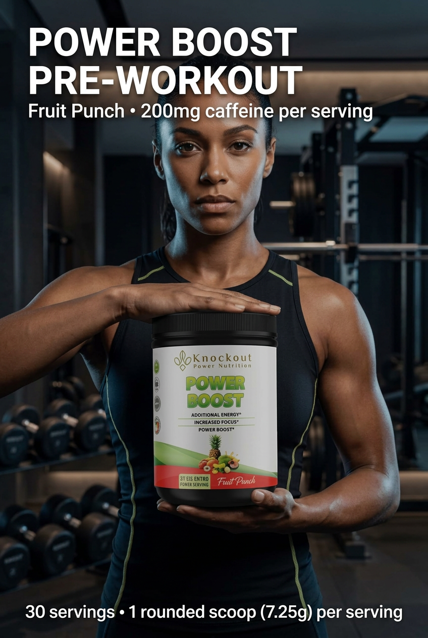 Athlete holding Power Boost Fruit Punch pre-workout, with 200mg caffeine per serving and 30 servings per container.