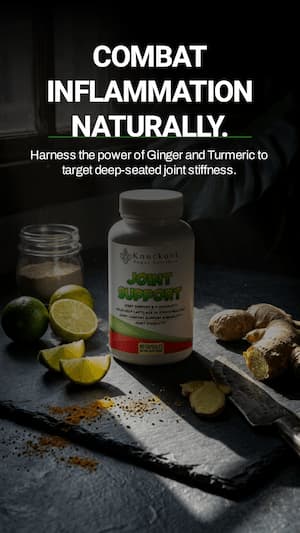 Joint support supplement bottle with ginger, turmeric, and lime on a dark surface.