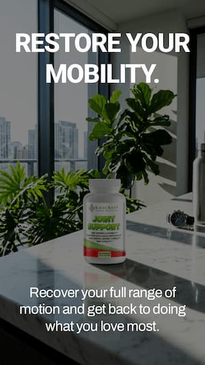 Joint support supplement bottle on a table with a cityscape view, text promoting mobility recovery.