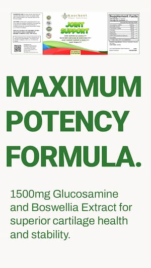 Supplement package with 'Maximum Potency Formula' text and glucosamine and boswellia extract claims.