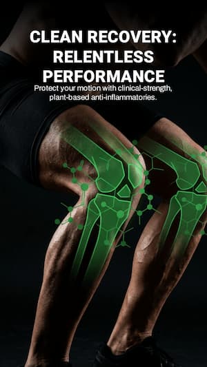 Knee with green anatomical illustration and text about clean recovery and performance.