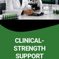 Person in a lab coat using a microscope with a green banner about clinical strength support.