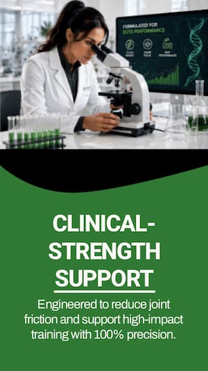 Person in a lab coat using a microscope with a green banner about clinical strength support.