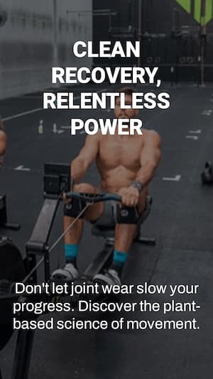 Man exercising on a rowing machine with text about joint health and plant-based science of movement.
