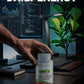 Person holding a bottle of vitamins in front of a computer setup with text about B-vitamin complex.