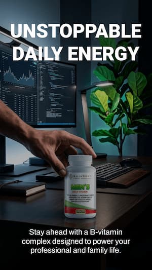 Person holding a bottle of vitamins in front of a computer setup with text about B-vitamin complex.