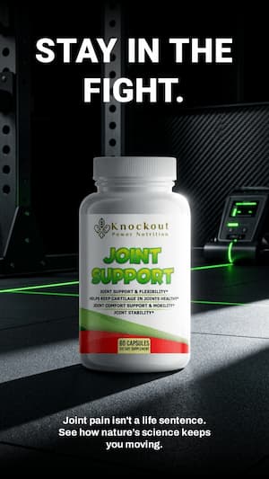 Knockout Joint Support supplement bottle with gym equipment in the background