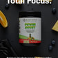 Supplement bottle labeled 'Power Boost' with fruits and vegetables on a dark background, promoting sustained energy.