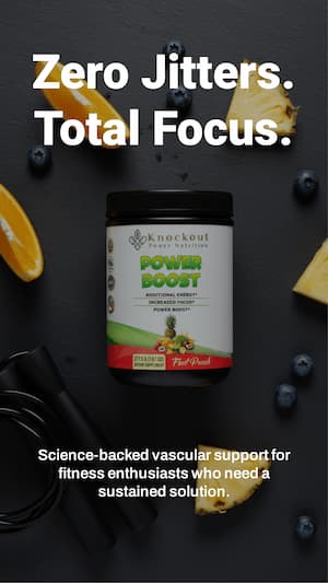 Supplement bottle labeled 'Power Boost' with fruits and vegetables on a dark background, promoting sustained energy.