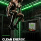 Athlete in a gym with text about clean energy and maximum power output.