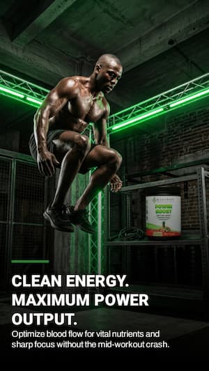 Athlete in a gym with text about clean energy and maximum power output.