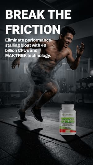 Person running in a gym with a supplement bottle labeled '40 Billion' and 'MAKTREK technology'.