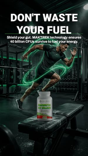 Person exercising in a gym with a supplement bottle labeled 'MAKTREK' in the foreground.