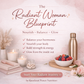 Pink and white graphic for "The Radiant Woman Blueprint" with berries, supplements, candles, and a rose gold water bottle.