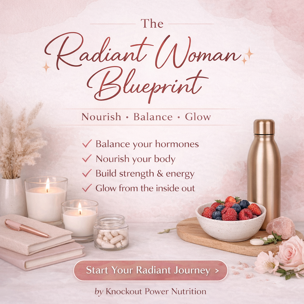 Pink and white graphic for "The Radiant Woman Blueprint" with berries, supplements, candles, and a rose gold water bottle.