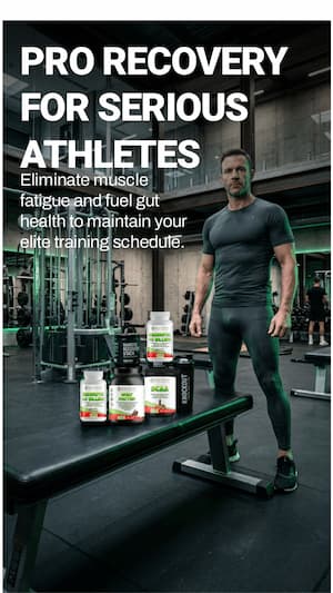 Man in a gym setting with fitness supplements and text about pro recovery for athletes.