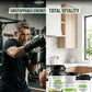 Person in a gym with supplements on a counter, promoting a 3-pillar system for muscle repair and training volume.