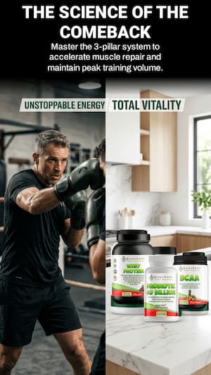 Person in a gym with supplements on a counter, promoting a 3-pillar system for muscle repair and training volume.