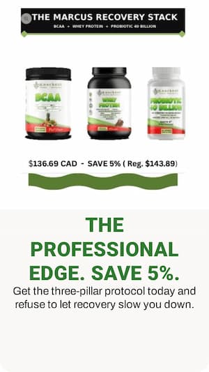 Three supplement bottles with a promotional banner on a white background