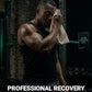 Man wiping his face with a towel in a gym setting with text about professional recovery for elite athletes.