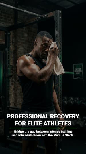 Man wiping his face with a towel in a gym setting with text about professional recovery for elite athletes.