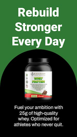 Knockout Whey Protein bottle with promotional text on a green and black background