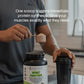 Person preparing a protein shake with a container labeled 'Precision Nutrient Timing' on a kitchen counter.