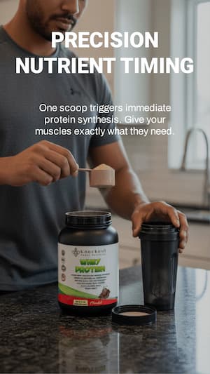 Person preparing a protein shake with a container labeled 'Precision Nutrient Timing' on a kitchen counter.