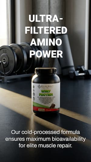 Protein supplement bottle on a gym bench with weights in the background