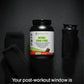 Protein supplement bottle with shaker on a black background, promoting rapid recovery.