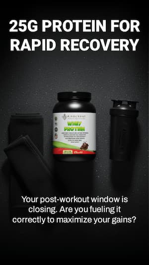Protein supplement bottle with shaker on a black background, promoting rapid recovery.