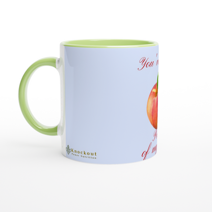 White 11oz Ceramic Peach Mug with Color Inside.